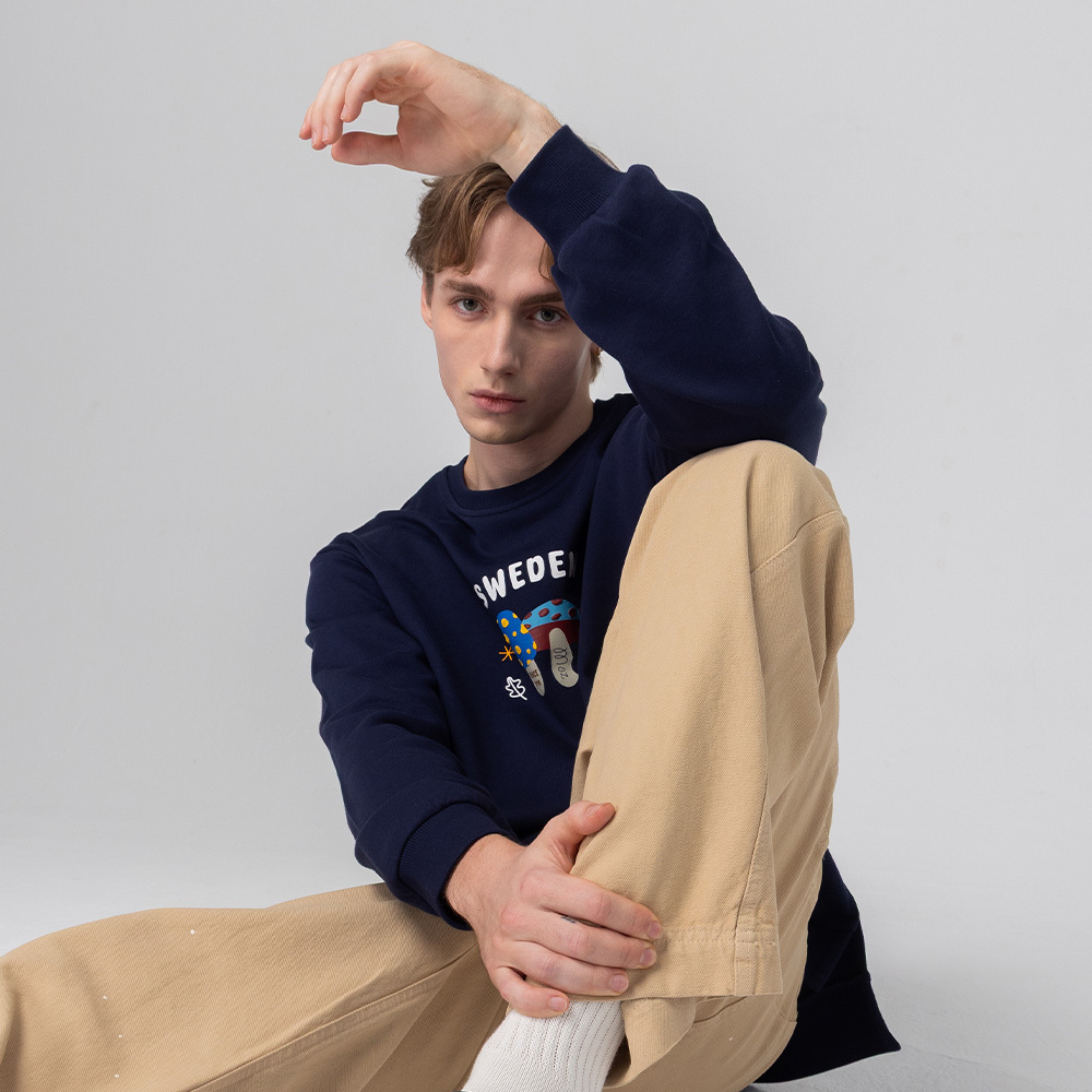 立體發泡 駝鹿蘑菇咬一口 100%純棉 開衩大學T-深藍(亞洲版) 開衩 男款