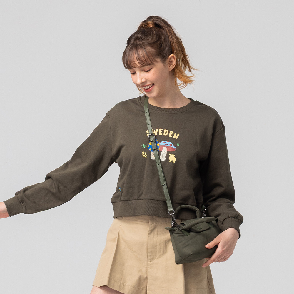 3D foam texture, moose and mushroom bite design, 100% pure cotton short-sleeved college T-shirt - military green (Asian version)