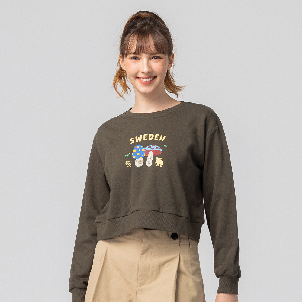 3D foam texture, moose and mushroom bite design, 100% pure cotton short-sleeved college T-shirt - military green (Asian version)