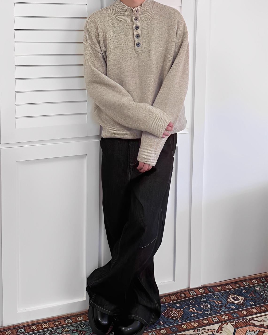 簡約 質感 排扣 針織 半高領 針織衫 長袖