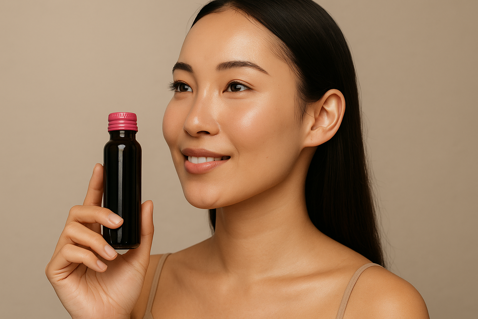 25歲女性在自然光下微笑飲用膠原蛋白飲,展現光澤彈潤膚質,象徵日常保養與健康生活。