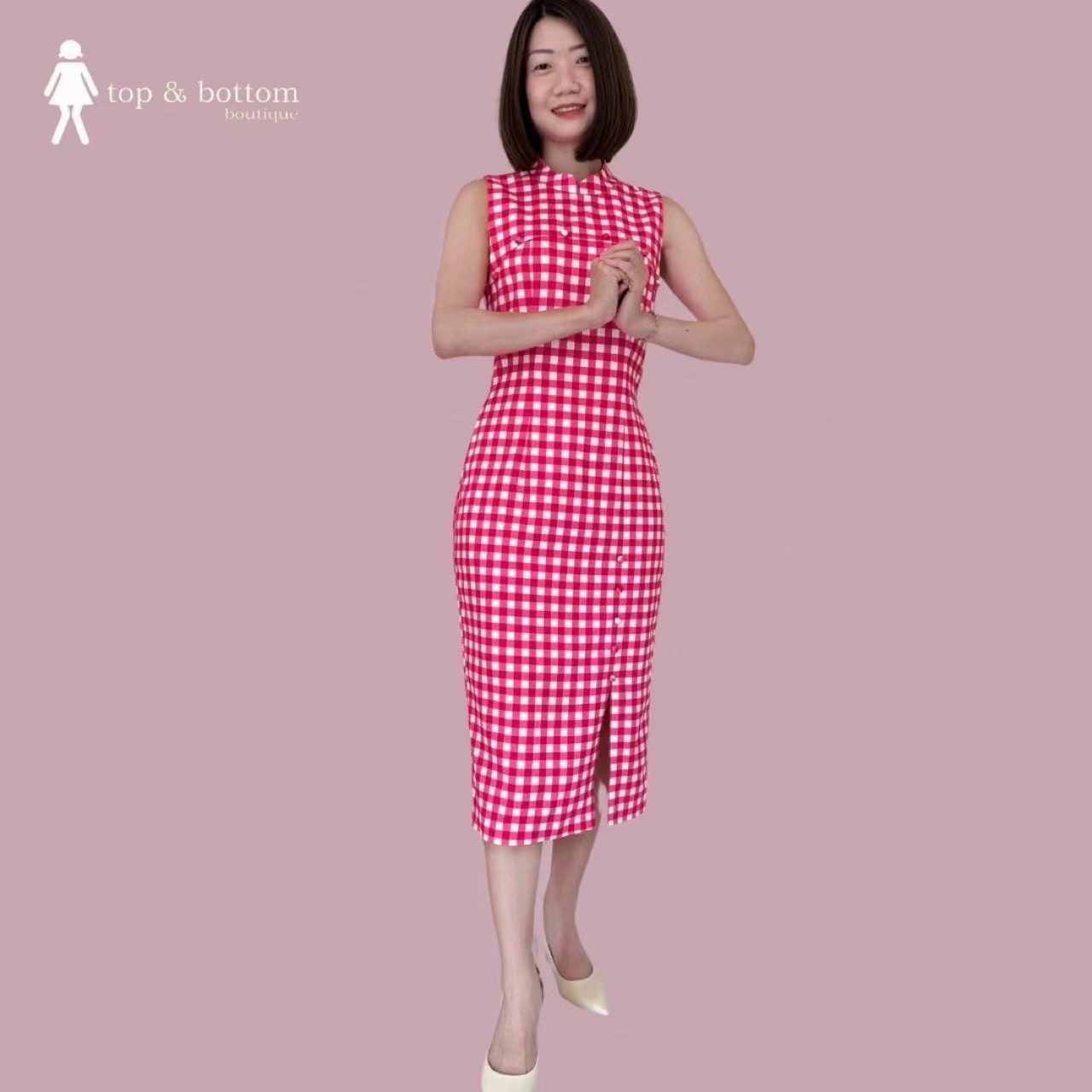 SLEEVELESS PLAID CHEONGSAM MIDI DRESS