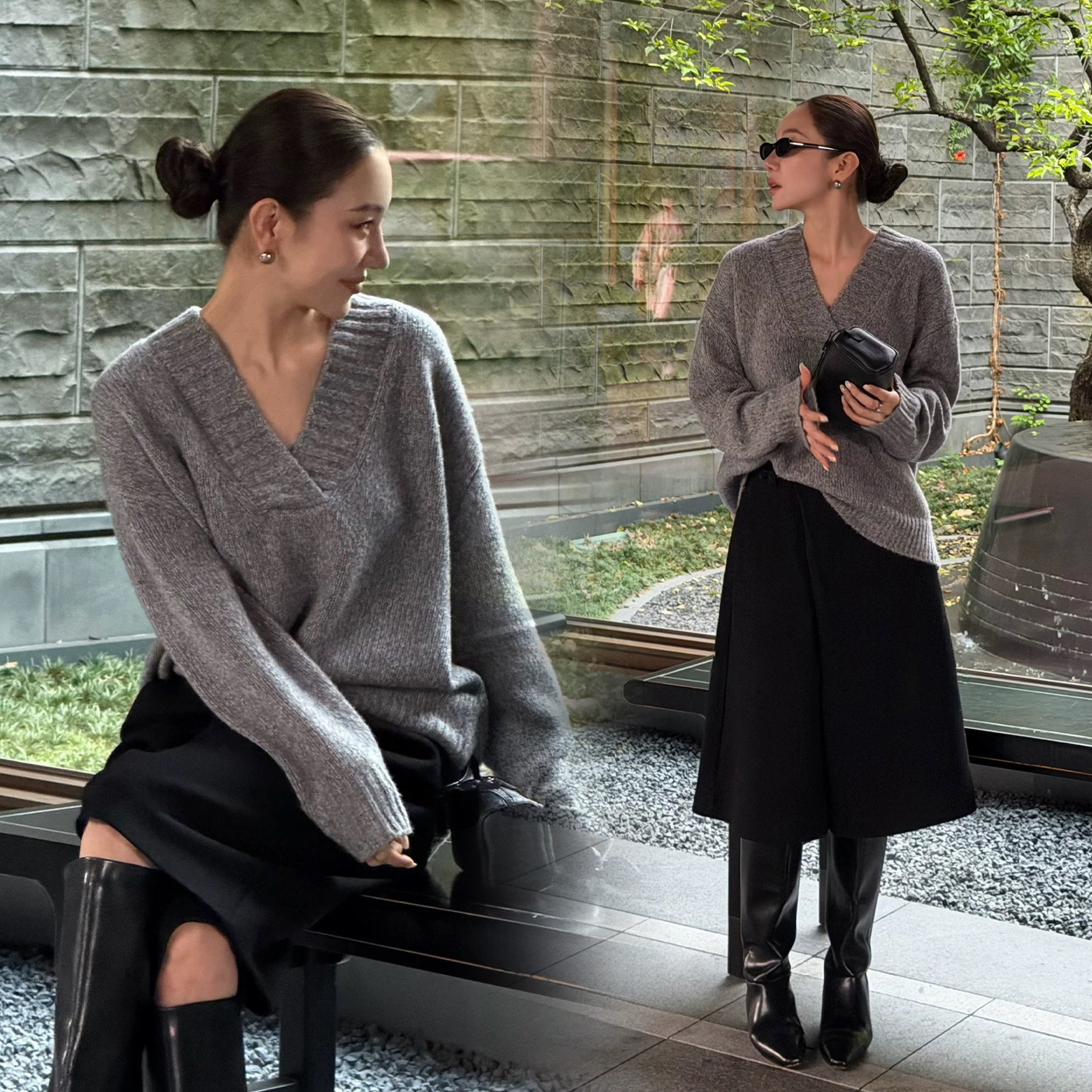 格雷色系V領針織上衣毛衣-S-L / 2色 (Elegant & Love)