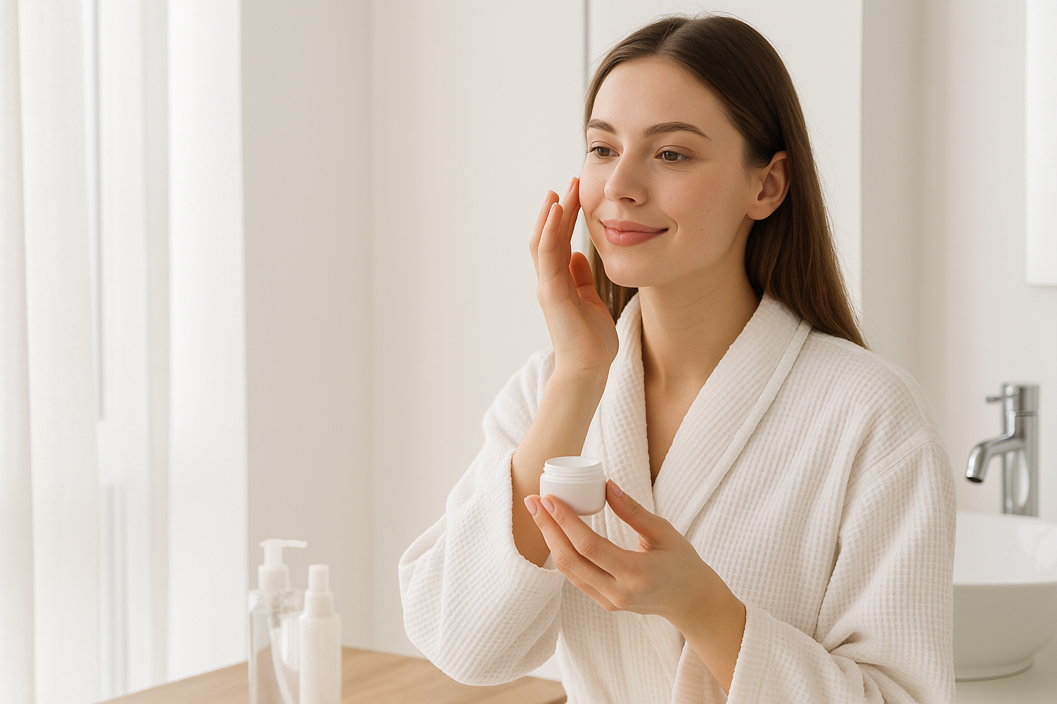 年輕女性於早晨窗邊進行保養,柔和自然光灑落在臉上,展現素顏與健康膚質,象徵每日膠原蛋白飲與保養習慣的生活節奏。