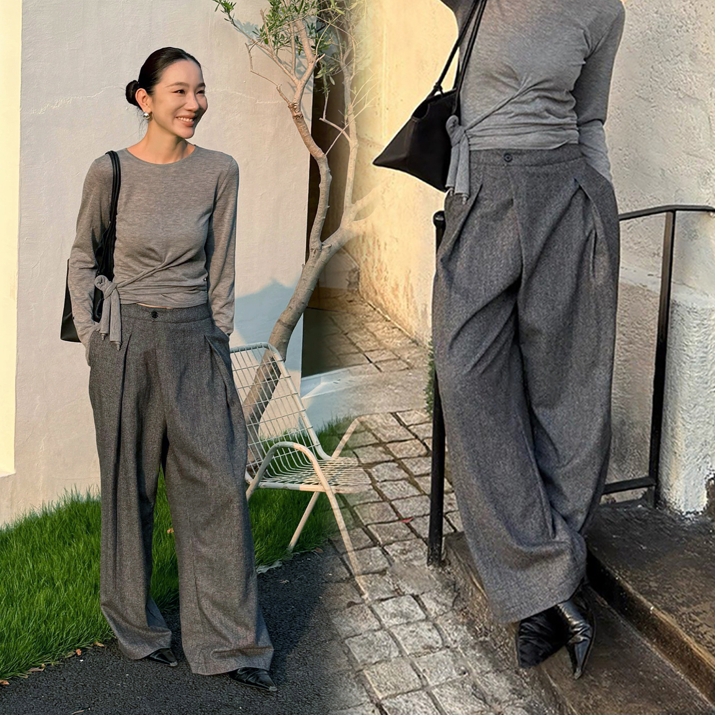 質感灰混色毛呢單釦打褶西裝褲長褲-S-L  (Elegant & Love)
