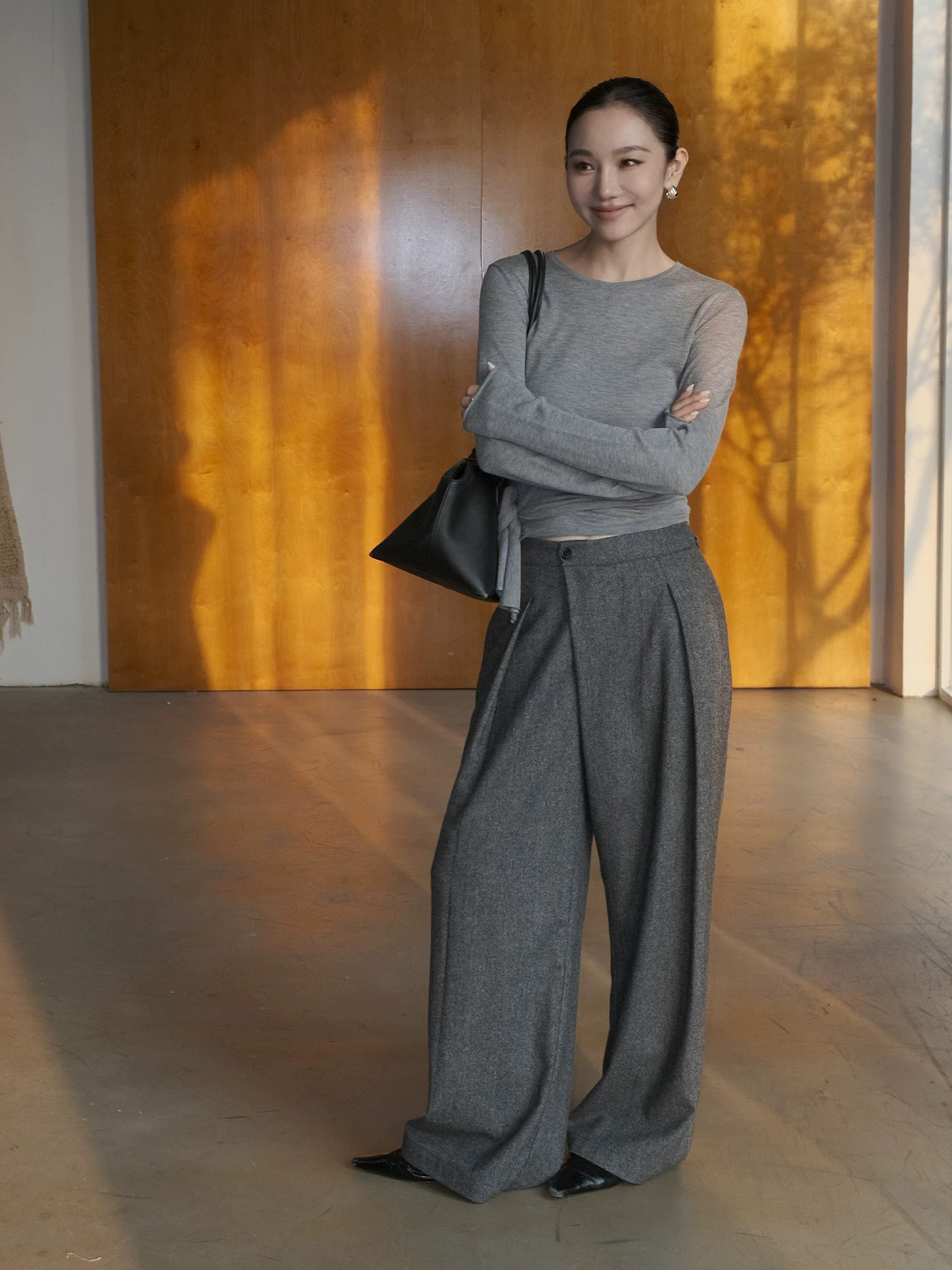 質感灰混色毛呢單釦打褶西裝褲長褲-S-L  (Elegant & Love)