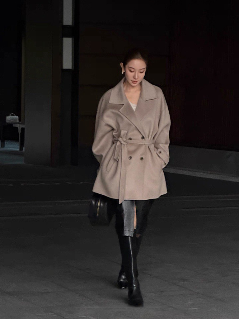 奶茶杏綁帶雙排釦V領羊毛大衣外套-S-L (Elegant & Love)