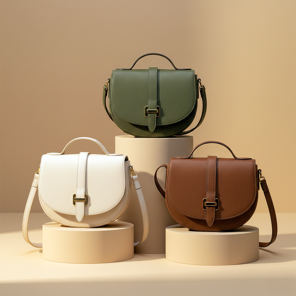 Emery 真皮金釦斜背小馬鞍包 (多色可選)