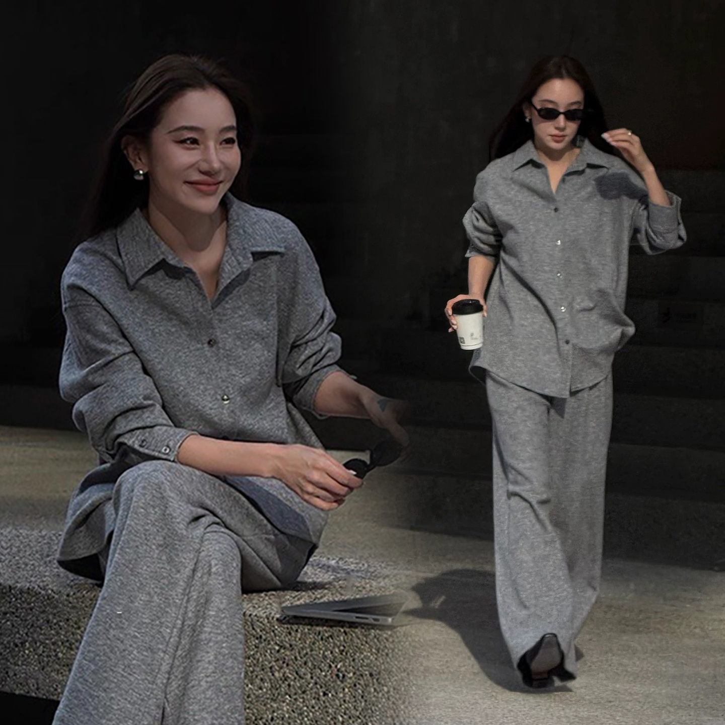 質感灰單口袋翻領針織上衣+長褲SET-S-L  (Elegant & Love)