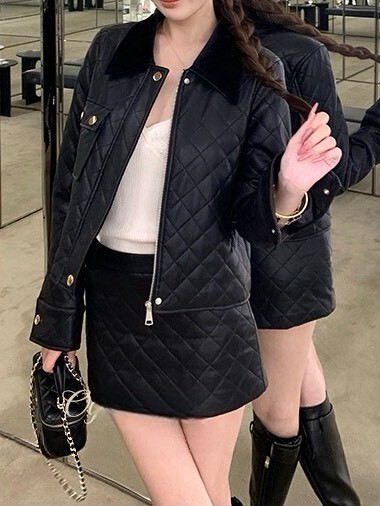 設計師家絲絨領拼接菱格pu皮外套+菱格中低腰pu皮革裙