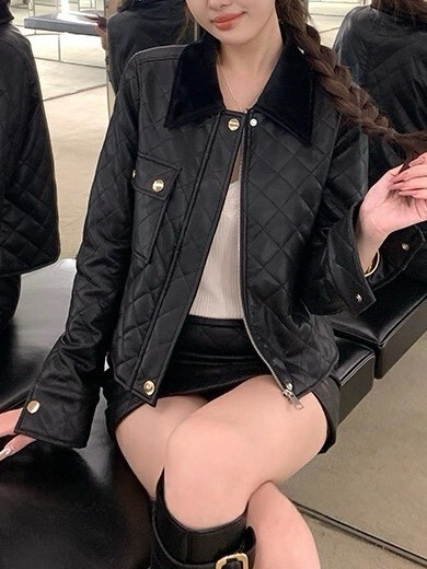 設計師家絲絨領拼接菱格pu皮外套+菱格中低腰pu皮革裙