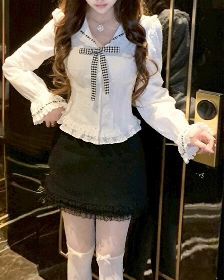 設計師家翻領配格紋蝴蝶結收腰襯衫