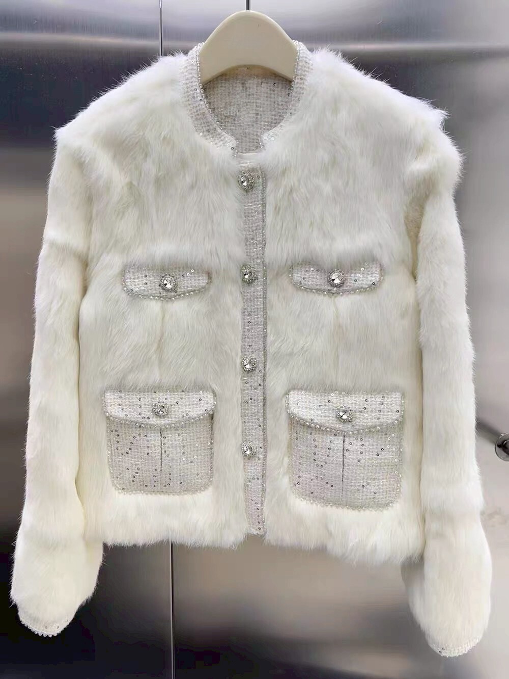 設計師家燙鑽真兔毛圓領外套