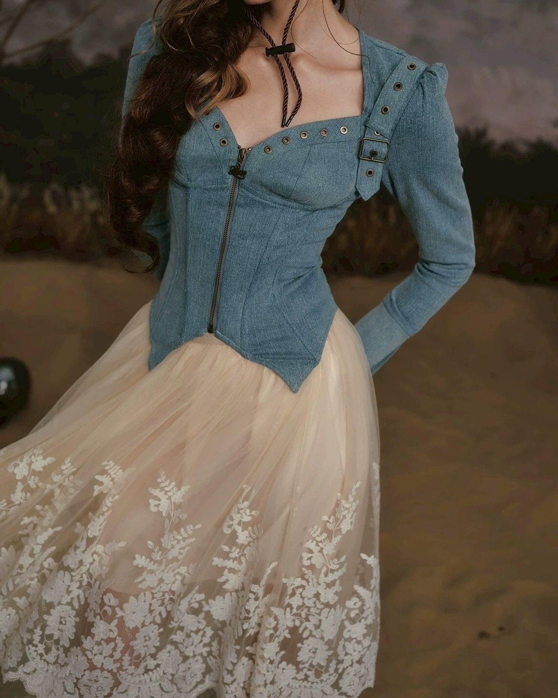 設計師家單寧馬甲感後綁帶上衣