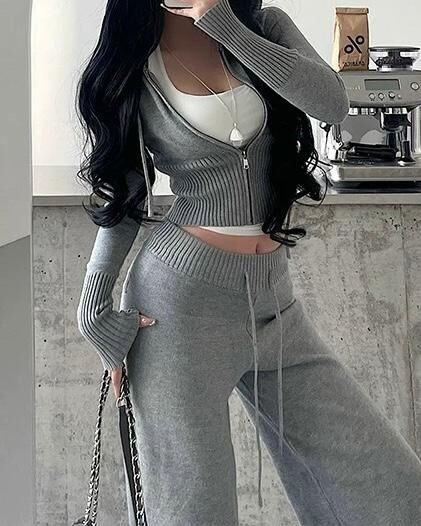 針織收腰連帽外套+寬褲休閒套裝