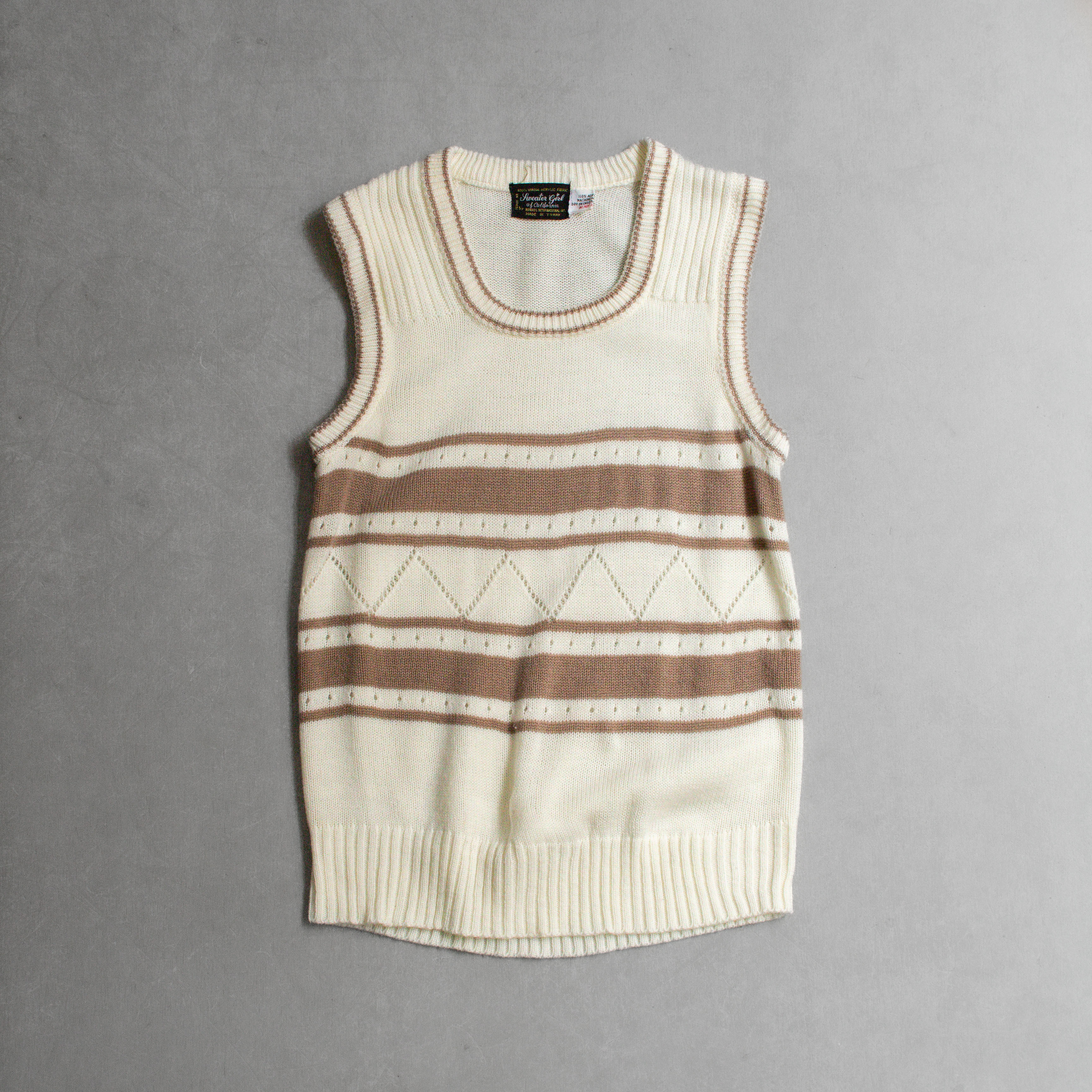 70S VINTAGE KNITTED VEST 美國 米白 條紋 針織 U領 背心