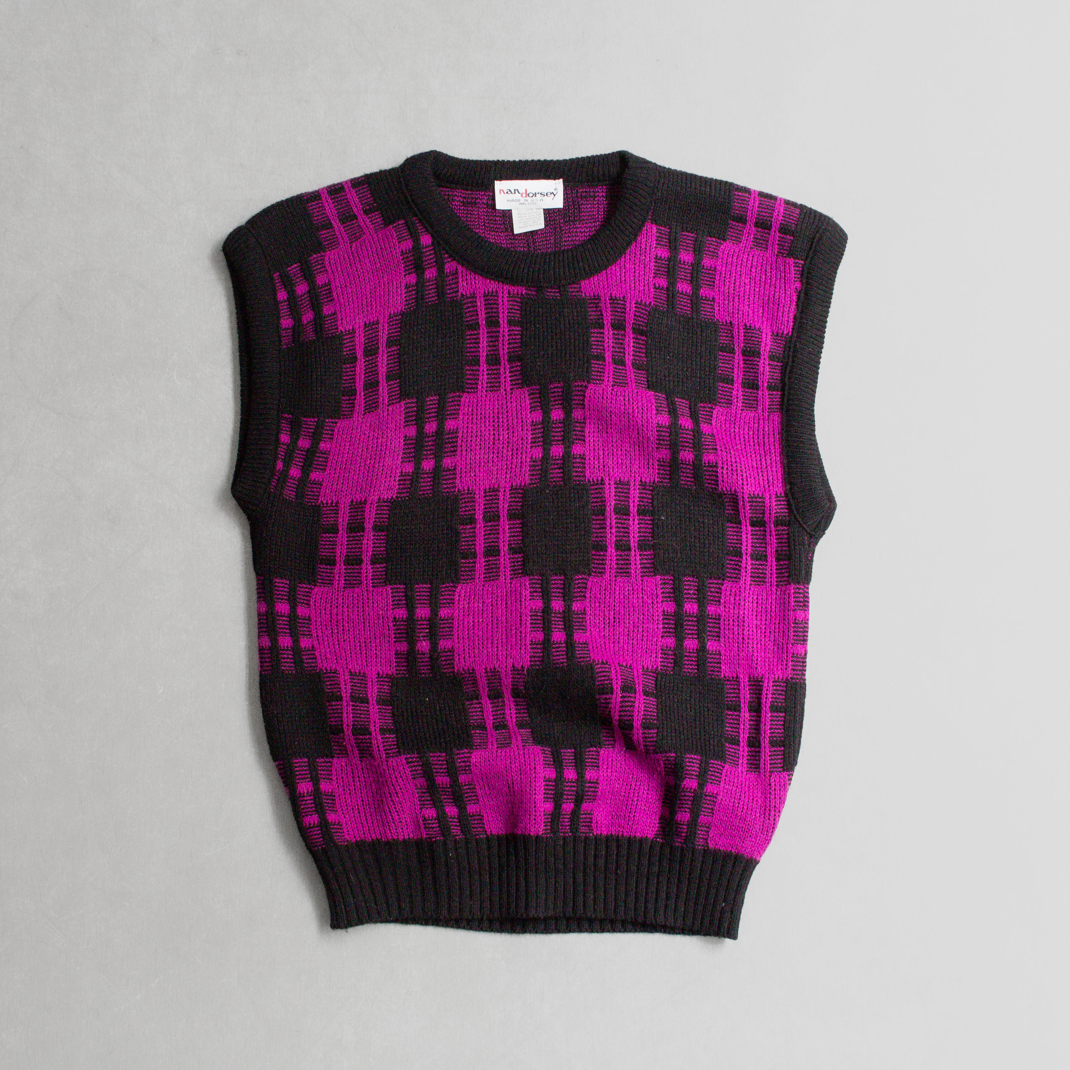 80S VINTAGE KNITTED VEST 美國製 桃紅 格紋 針織 圓領 背心