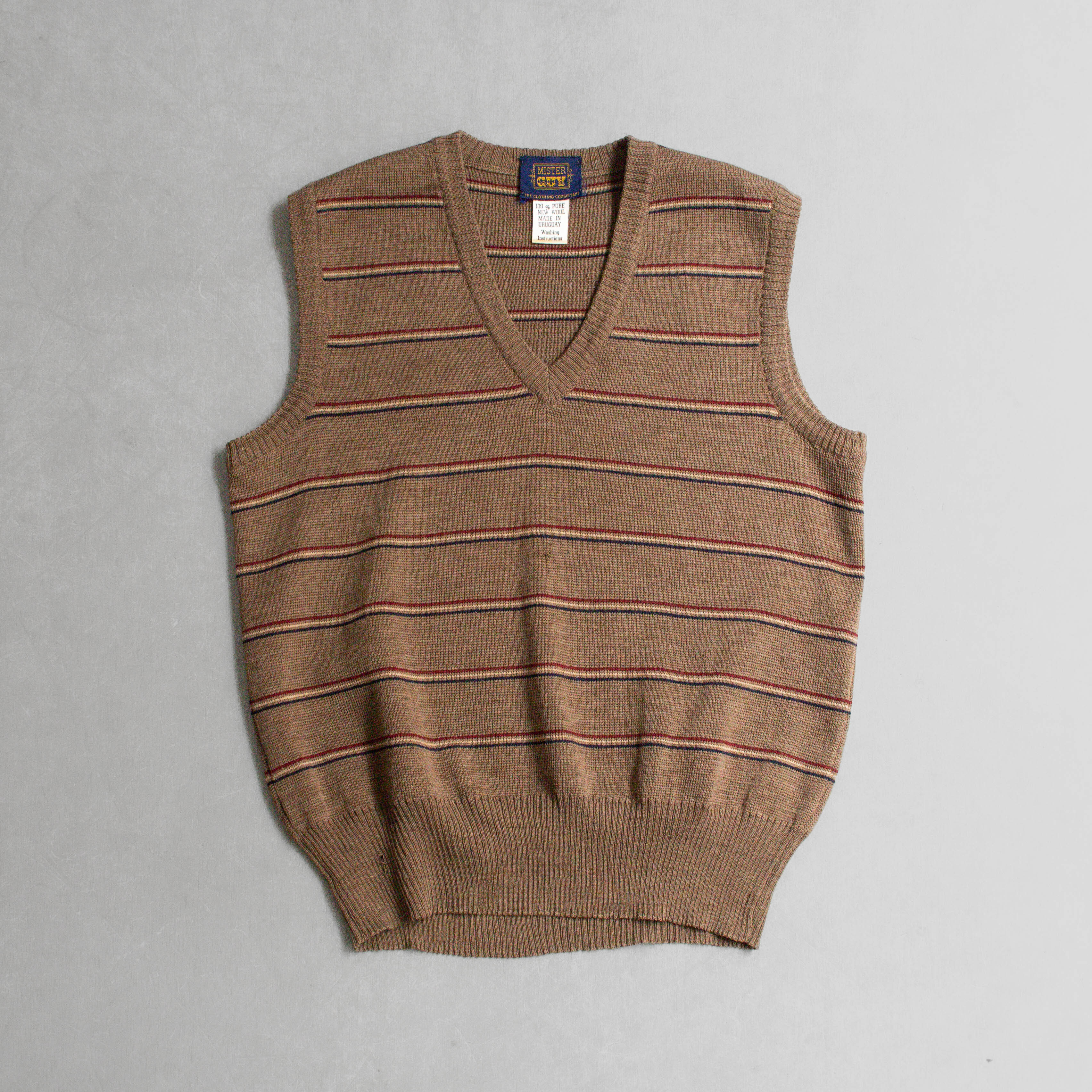80S VINTAGE KNITTED VEST 美國 卡其 條紋 針織 V領 背心