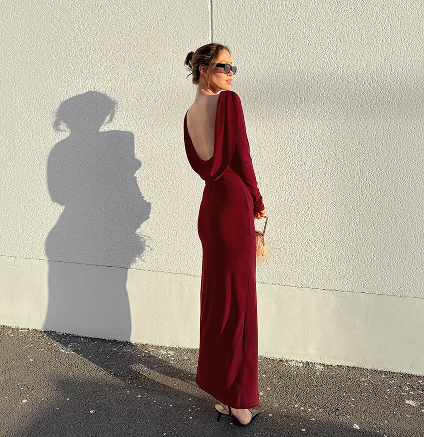 垂墜露背 開衩長洋裝