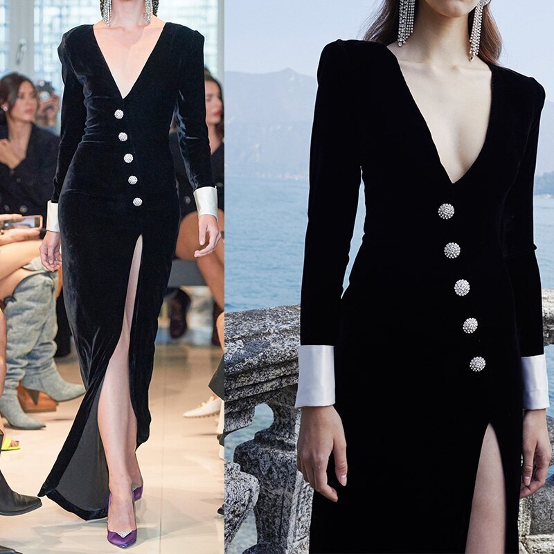 深V金絲絨開衩長禮服