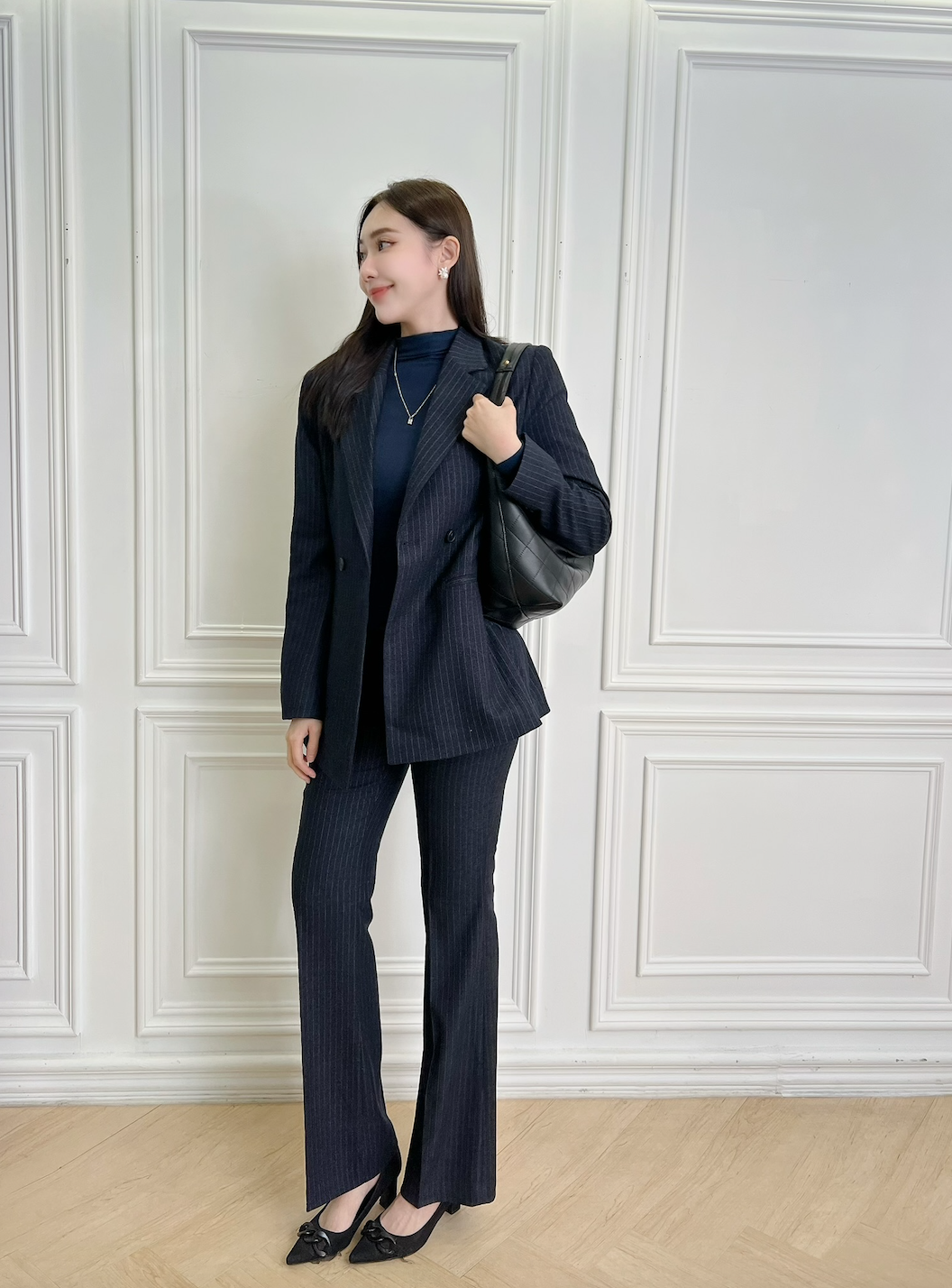 (極致顯瘦!)收腰單釦條紋套裝