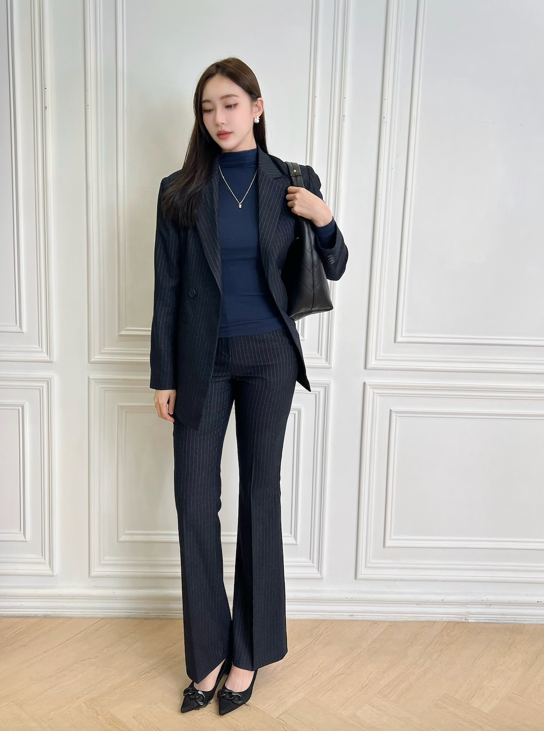 (極致顯瘦!)收腰單釦條紋套裝