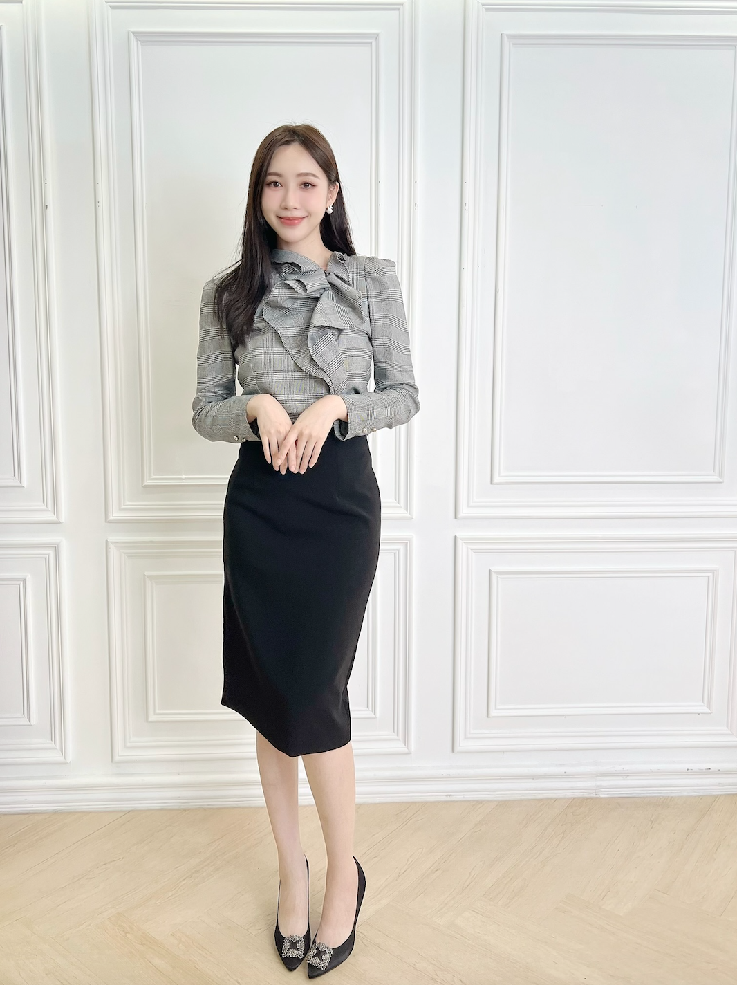 前拉鍊立體荷葉格紋上衣