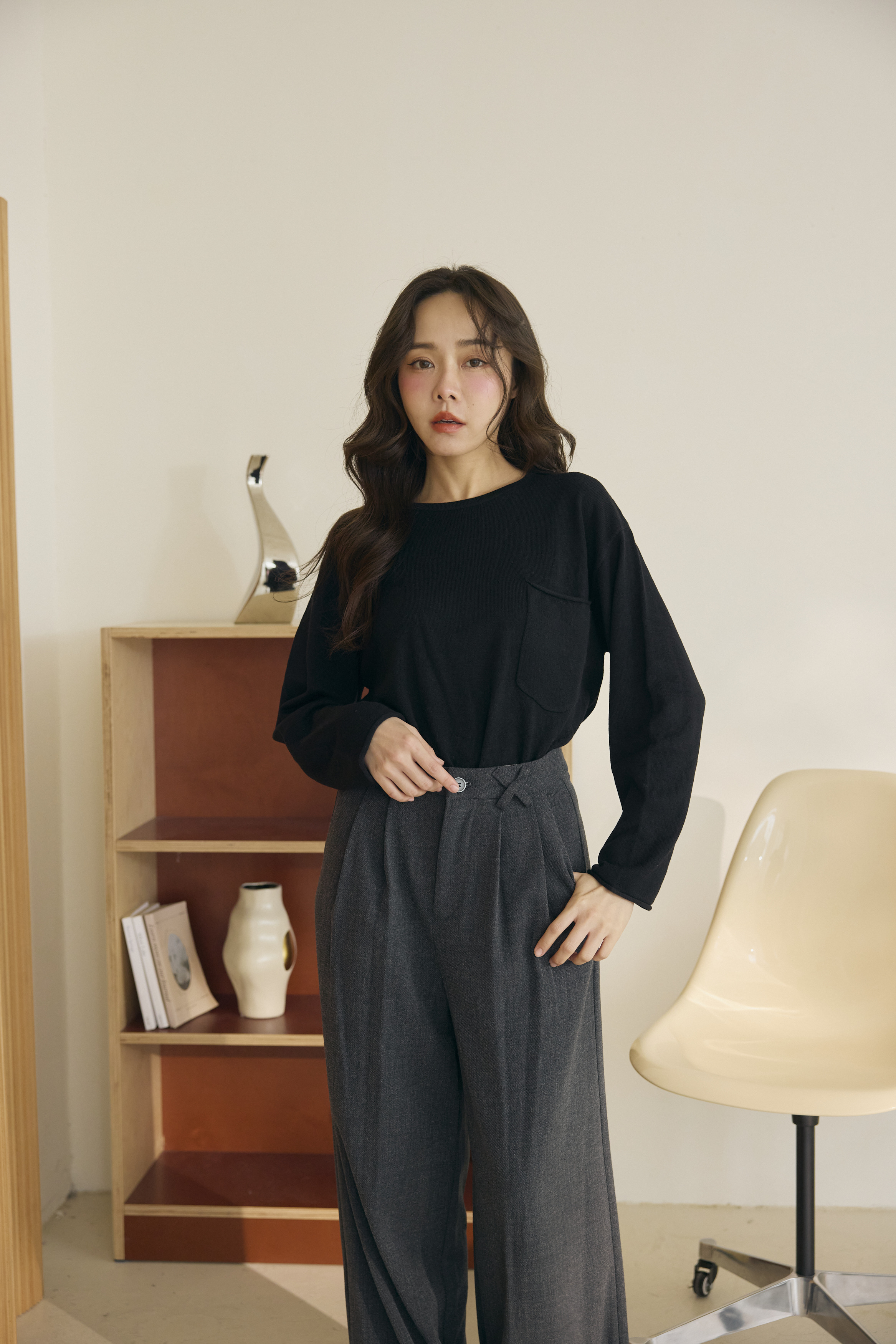 厚磅反摺兩穿灰褲