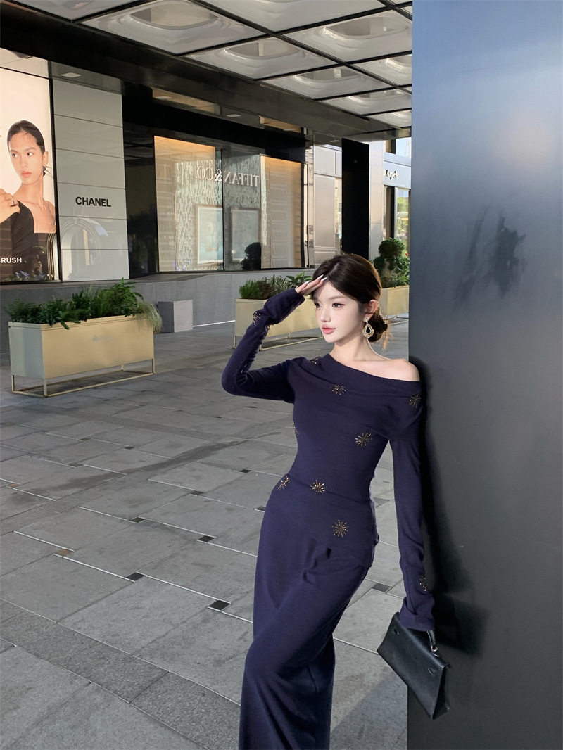 露肩法式典雅 煙火裝飾套裝裙