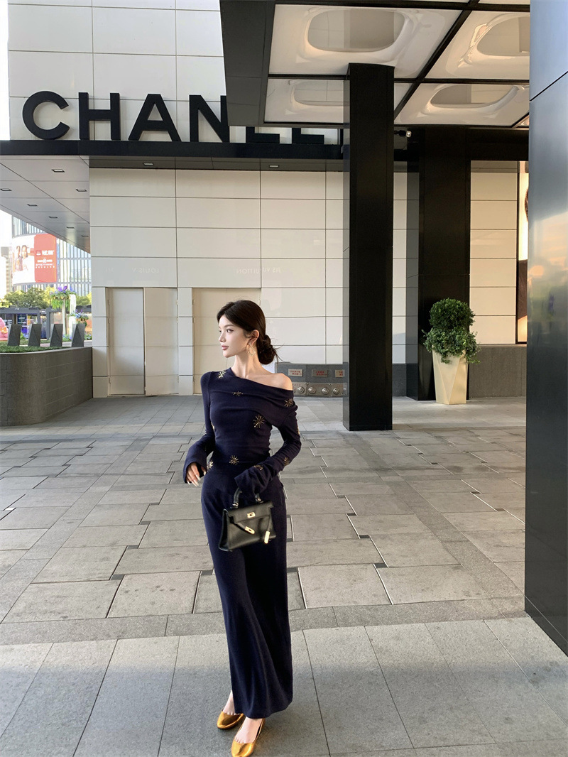 露肩法式典雅 煙火裝飾套裝裙