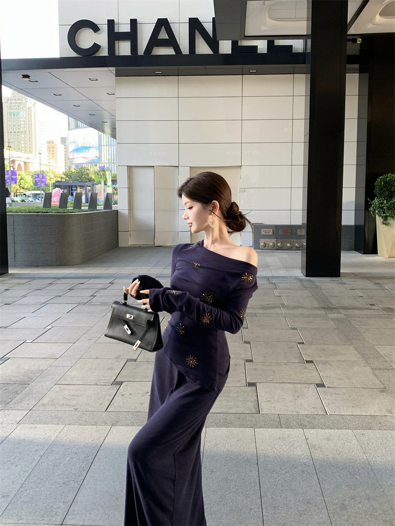 露肩法式典雅 煙火裝飾套裝裙