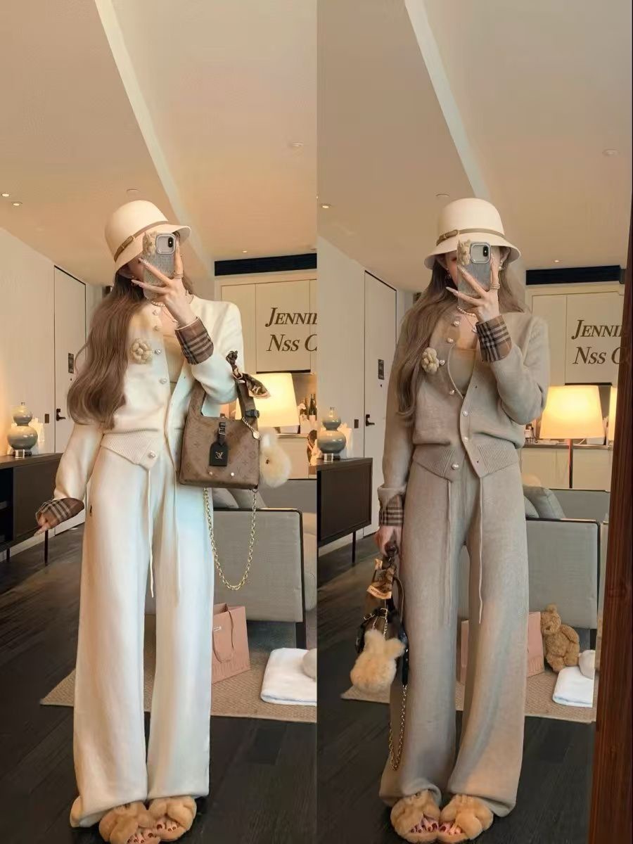 英倫休閒針織套裝(奶白/杏)