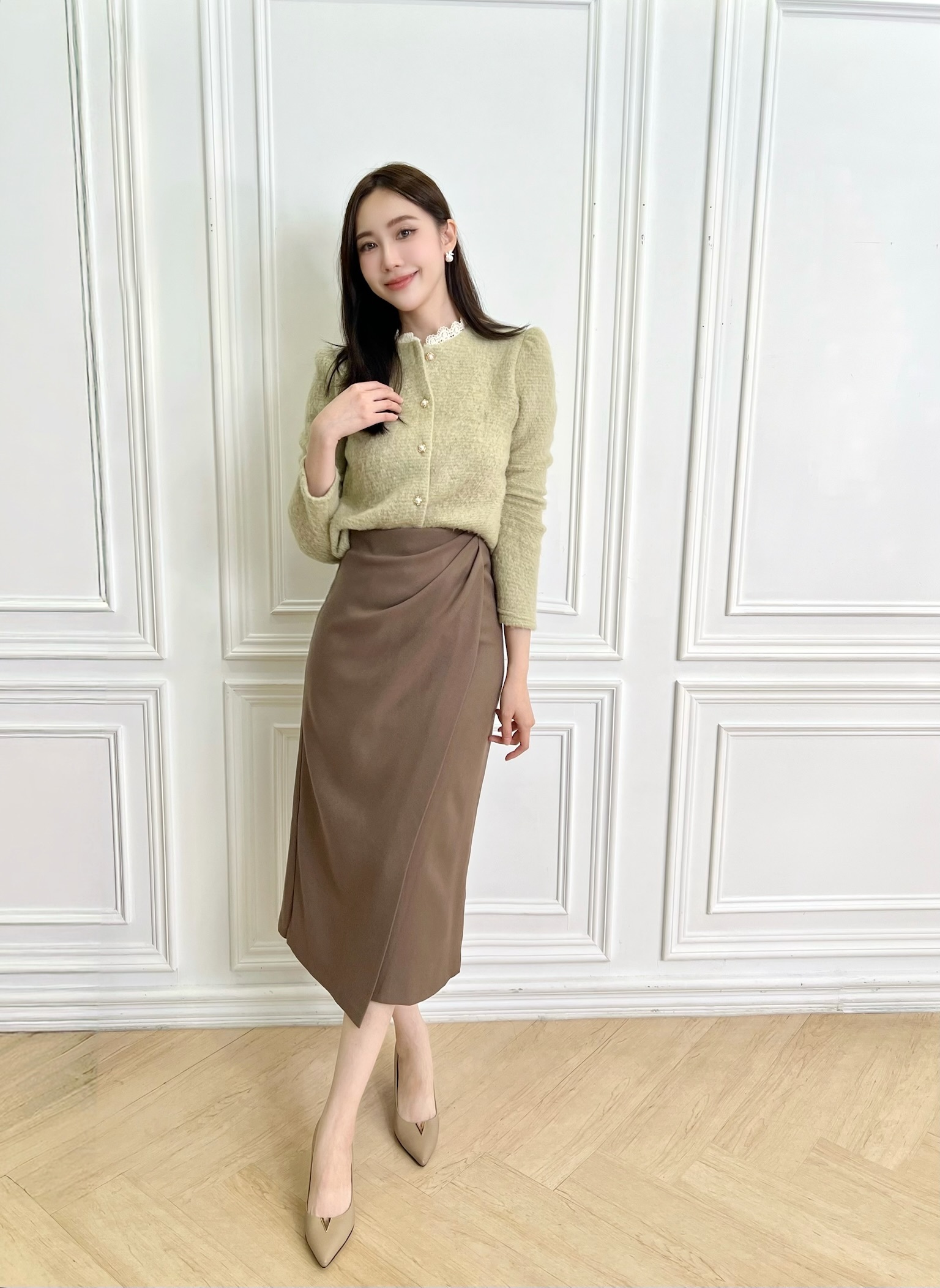 側抓皺裁片長裙