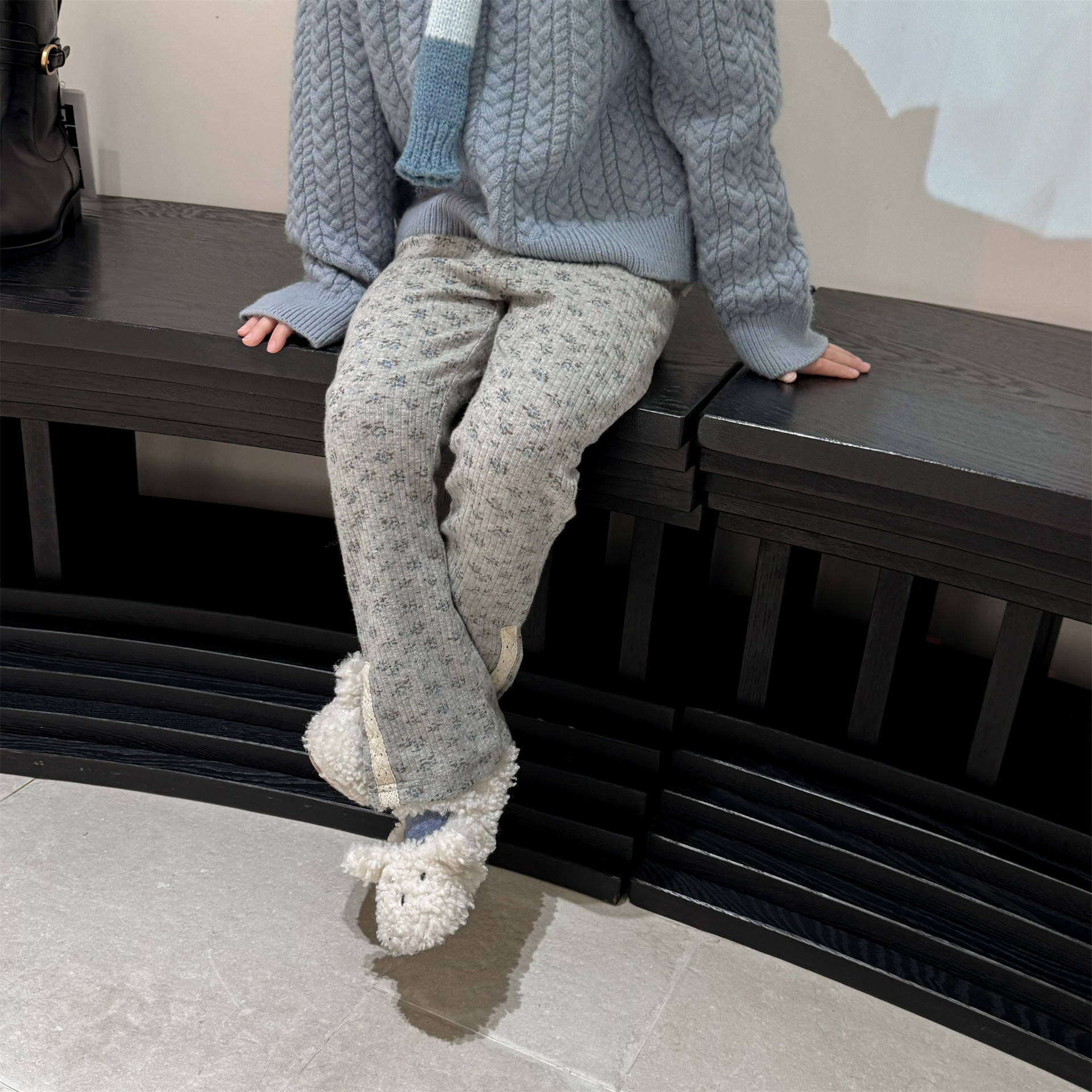 蕾絲小開衩坑條純色/碎花長褲(80-130)