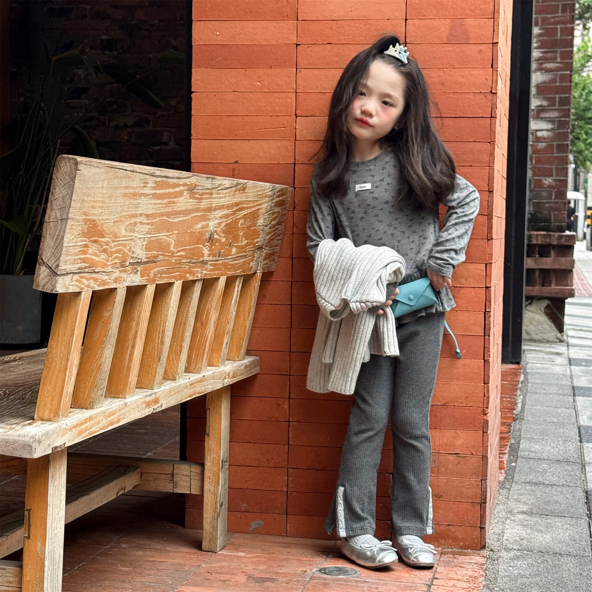 蕾絲小開衩坑條純色/碎花長褲(80-130)