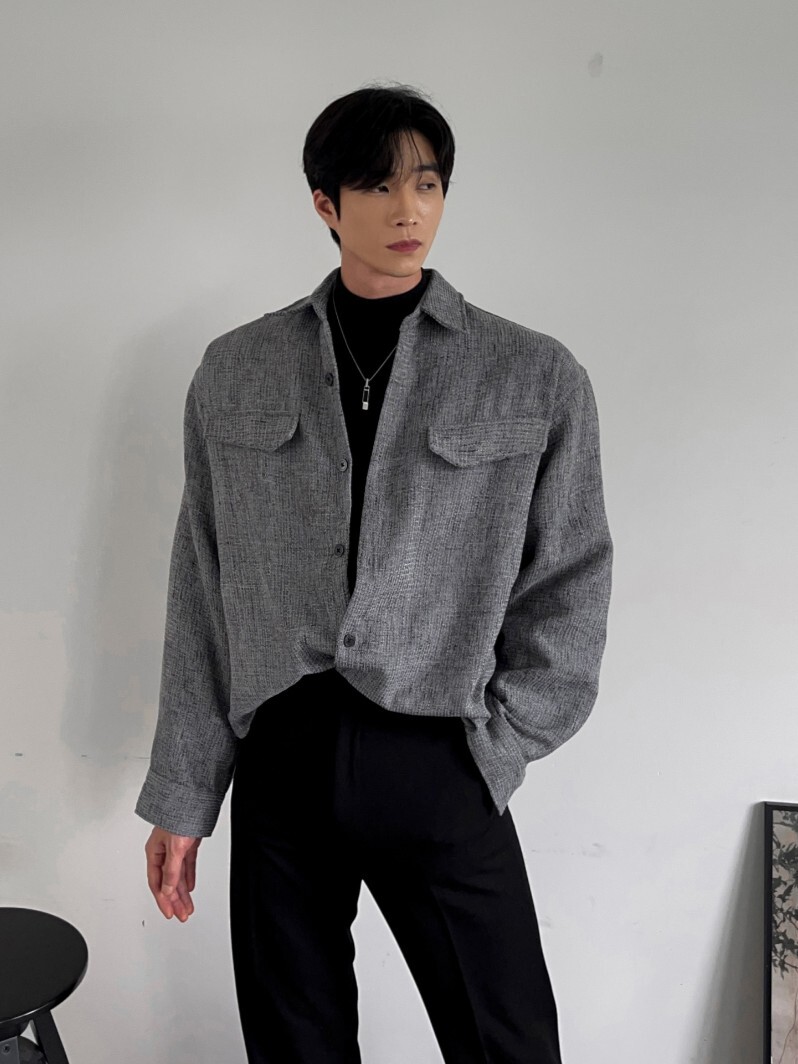 粗花呢短款長袖襯衫