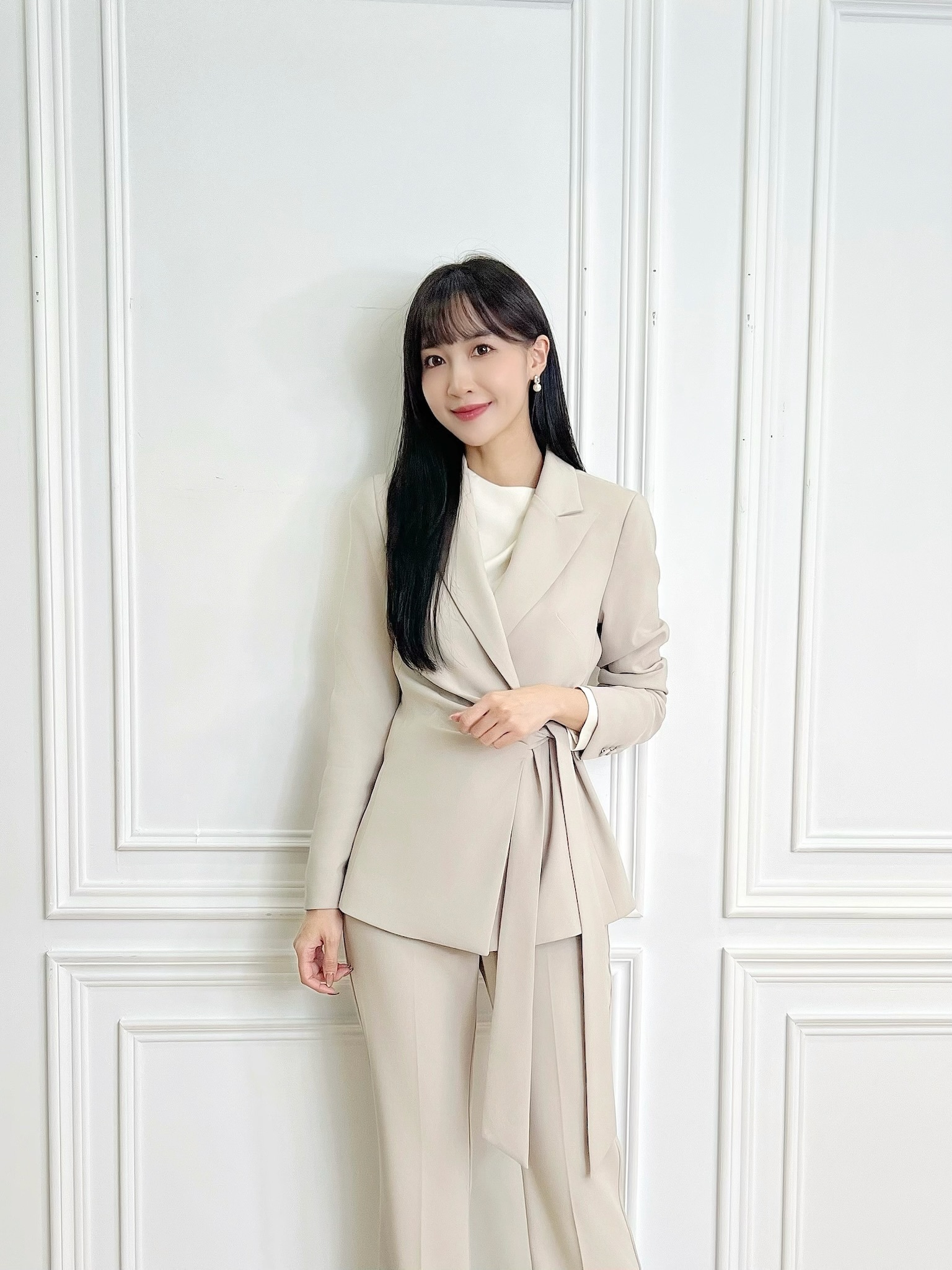 率性側綁帶西裝套裝-米