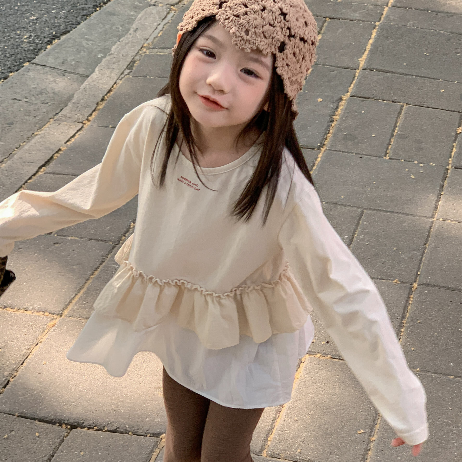 印字拼接蛋糕裙擺上衣(80-130)