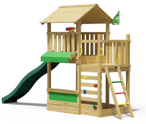 Jungle Bayou | Wooden climbing frame with slide & market stall