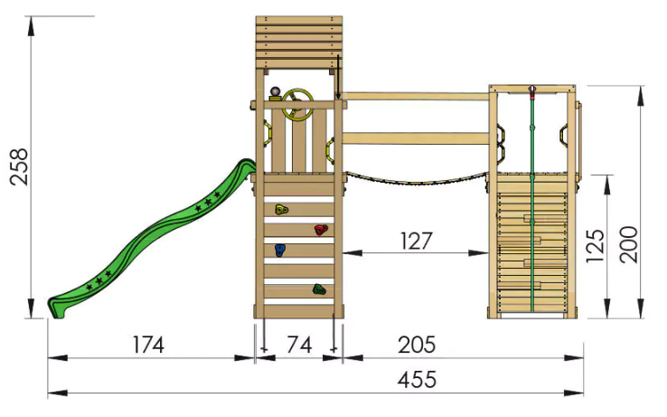 Jungle Cocoon | Wooden climbing frame with slide & clatter bridge