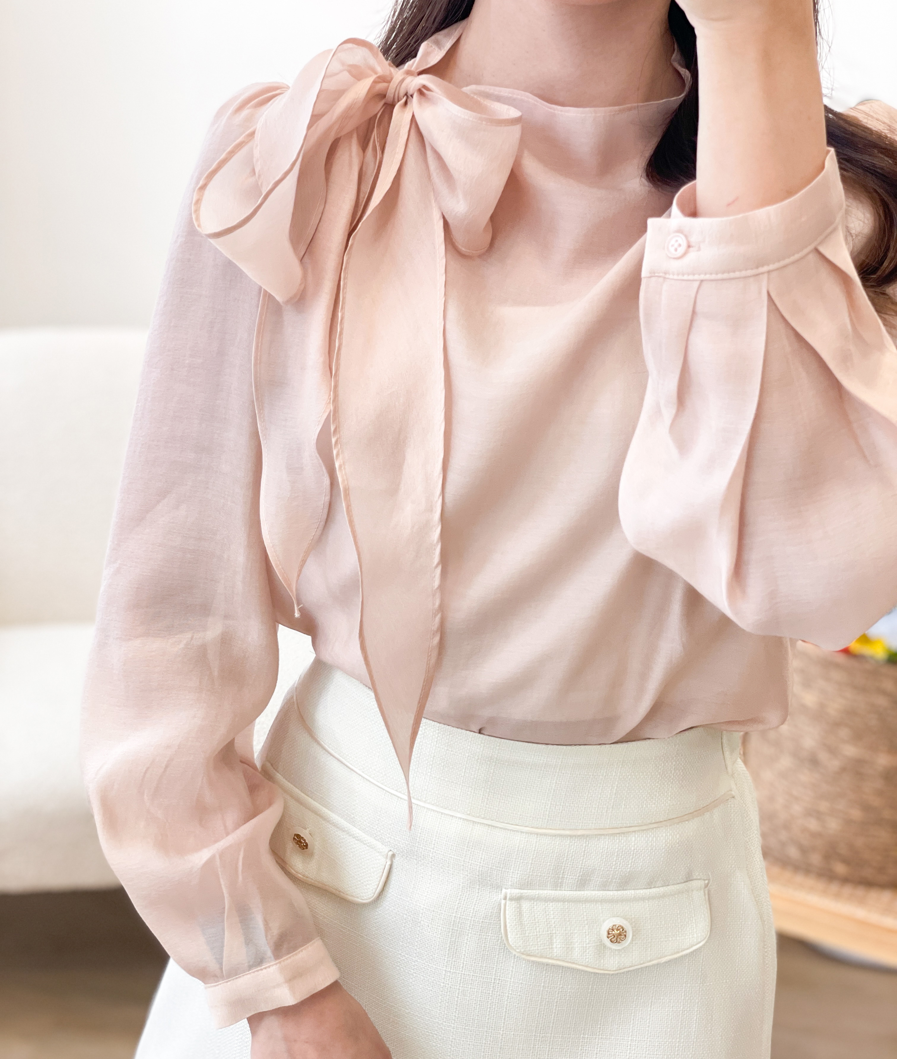 T1417 Perla Ribbon Silky Blouse