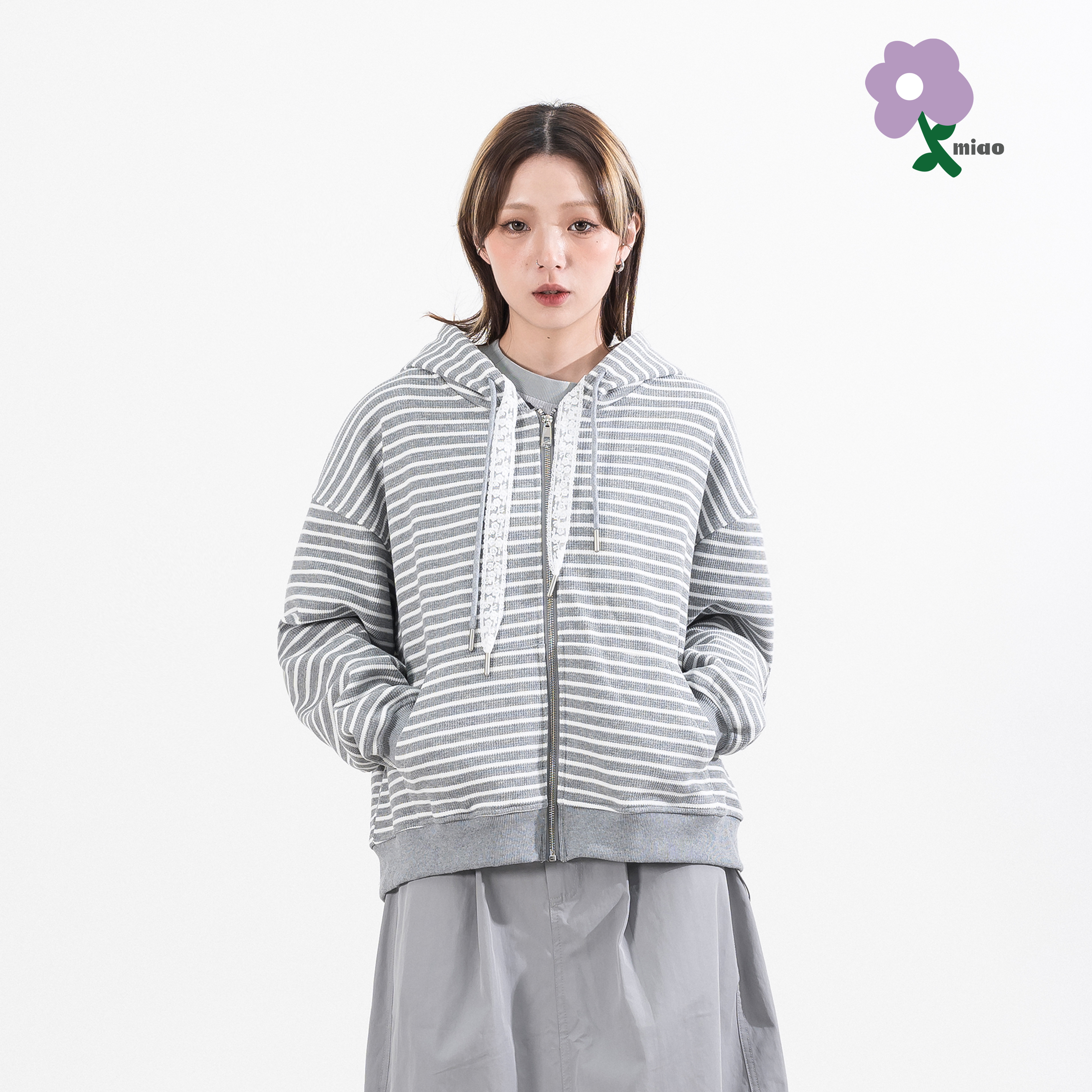 AGILITY MIAO Lace Stripe Hooded Jacket 蕾絲條紋 雙層連帽外套 [M-ZH1]