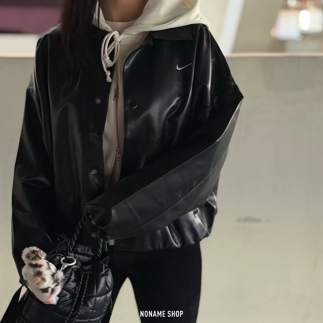 NIKE SPORTSWEAR 豹紋 翻領 皮革 皮外套 (女款)