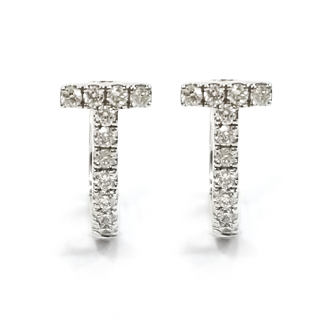 18K白金天然鑽石T字耳圈耳環