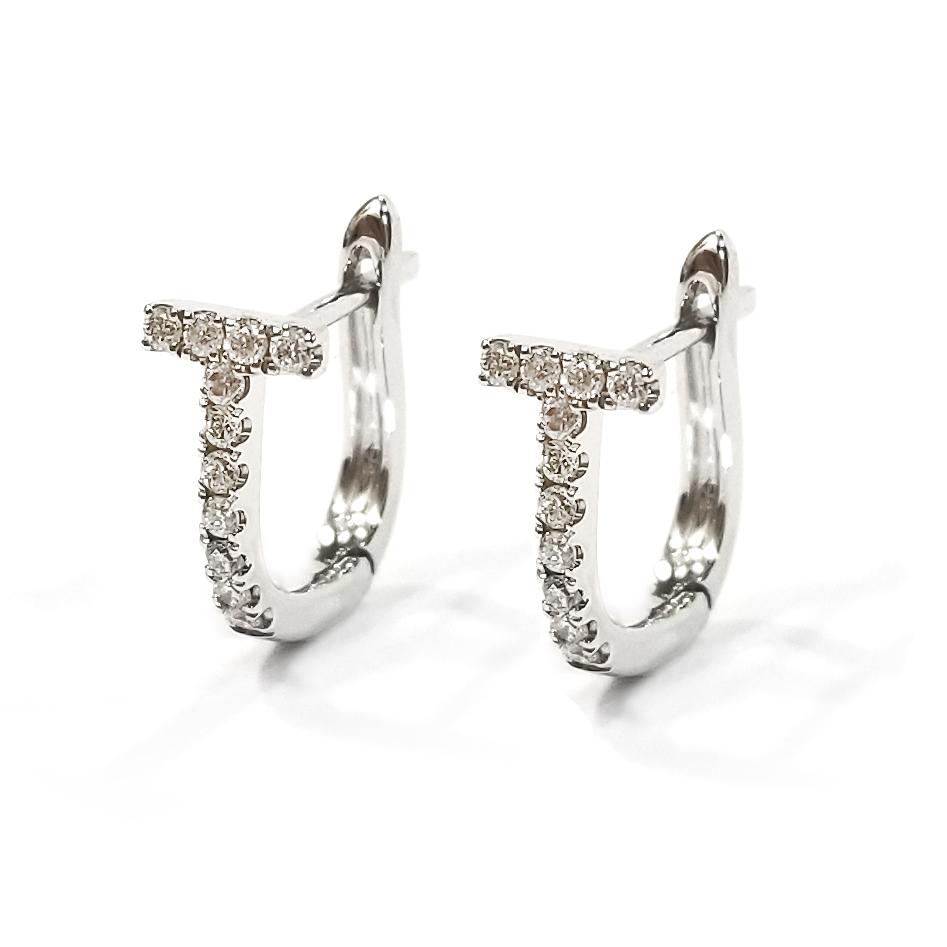 18K白金天然鑽石T字耳圈耳環