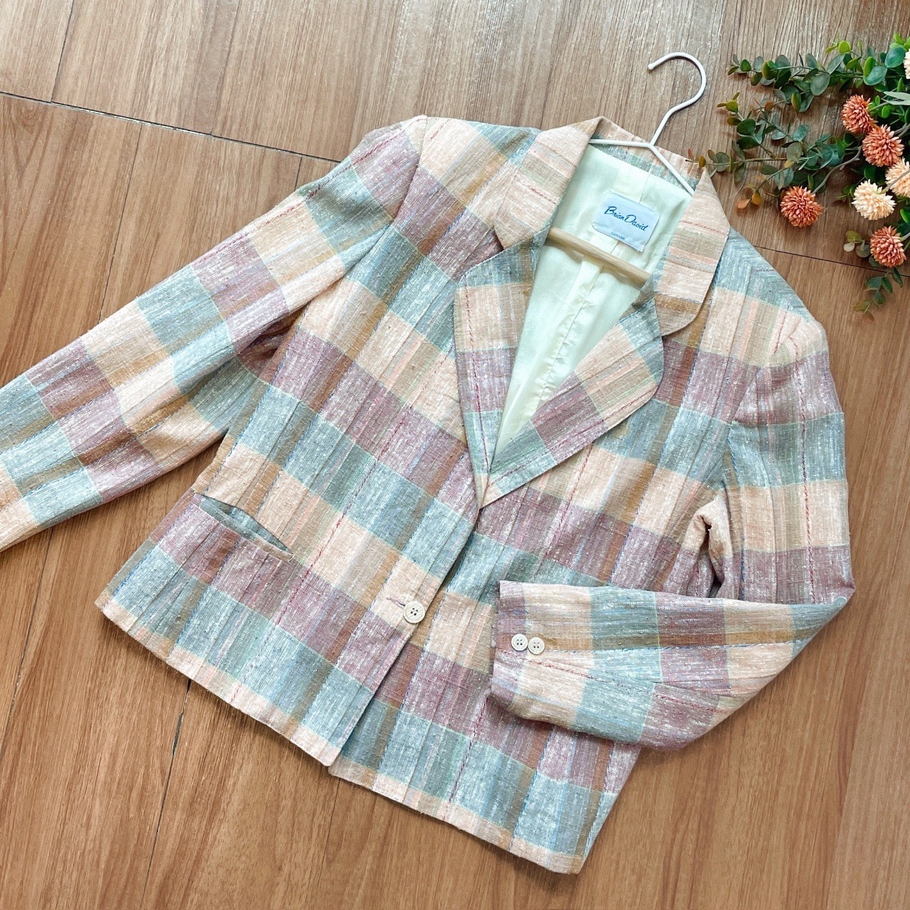 珊瑚色梭織格紋長袖西裝外套