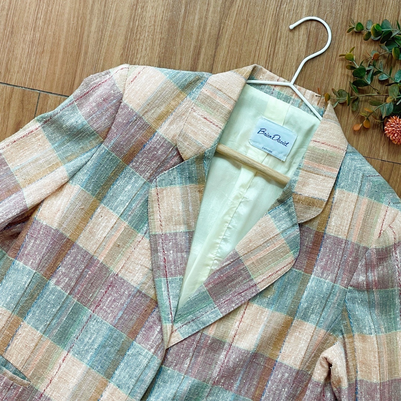 珊瑚色梭織格紋長袖西裝外套