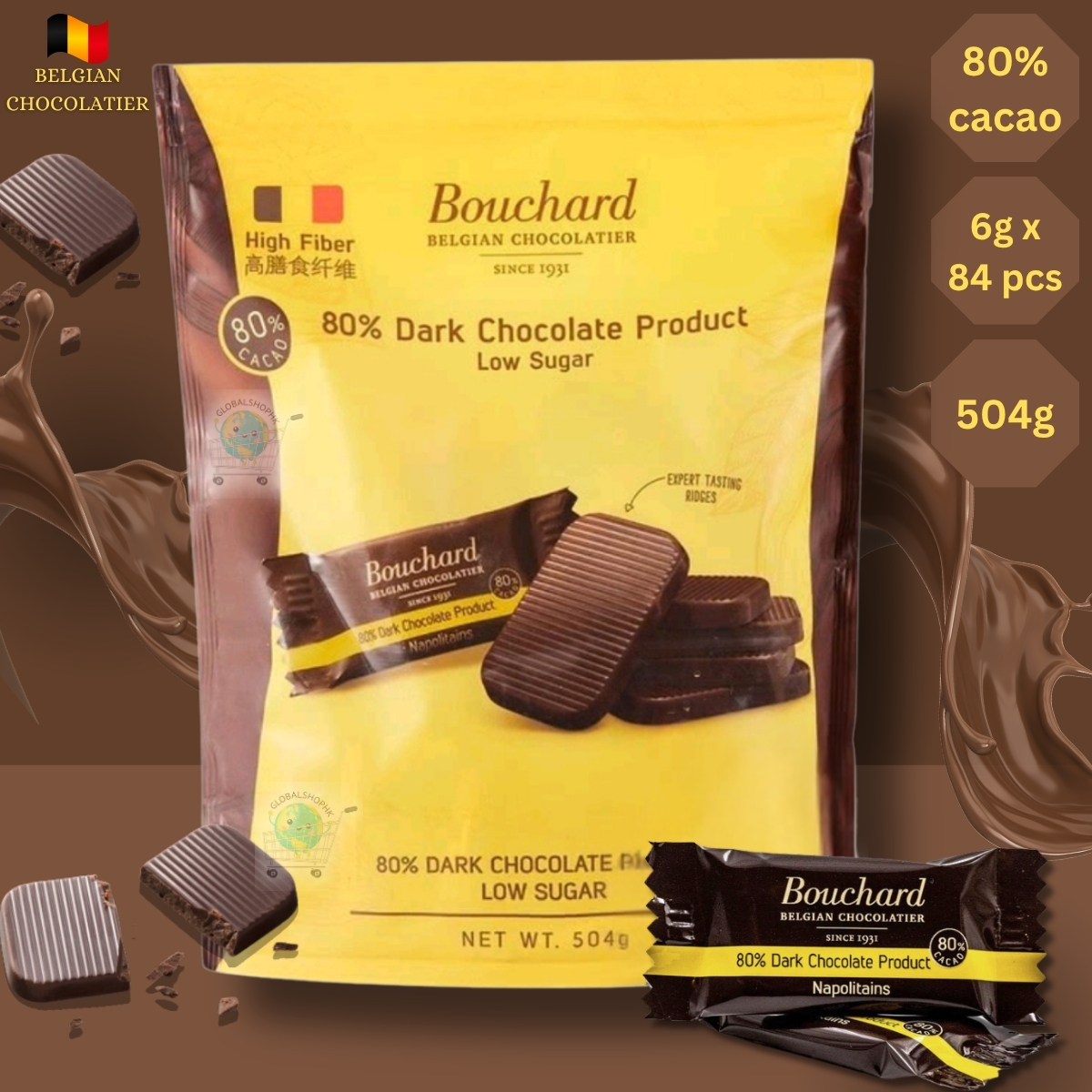 Bouchard - 80% Dark Chocolate Low Sugar, 6g x 84