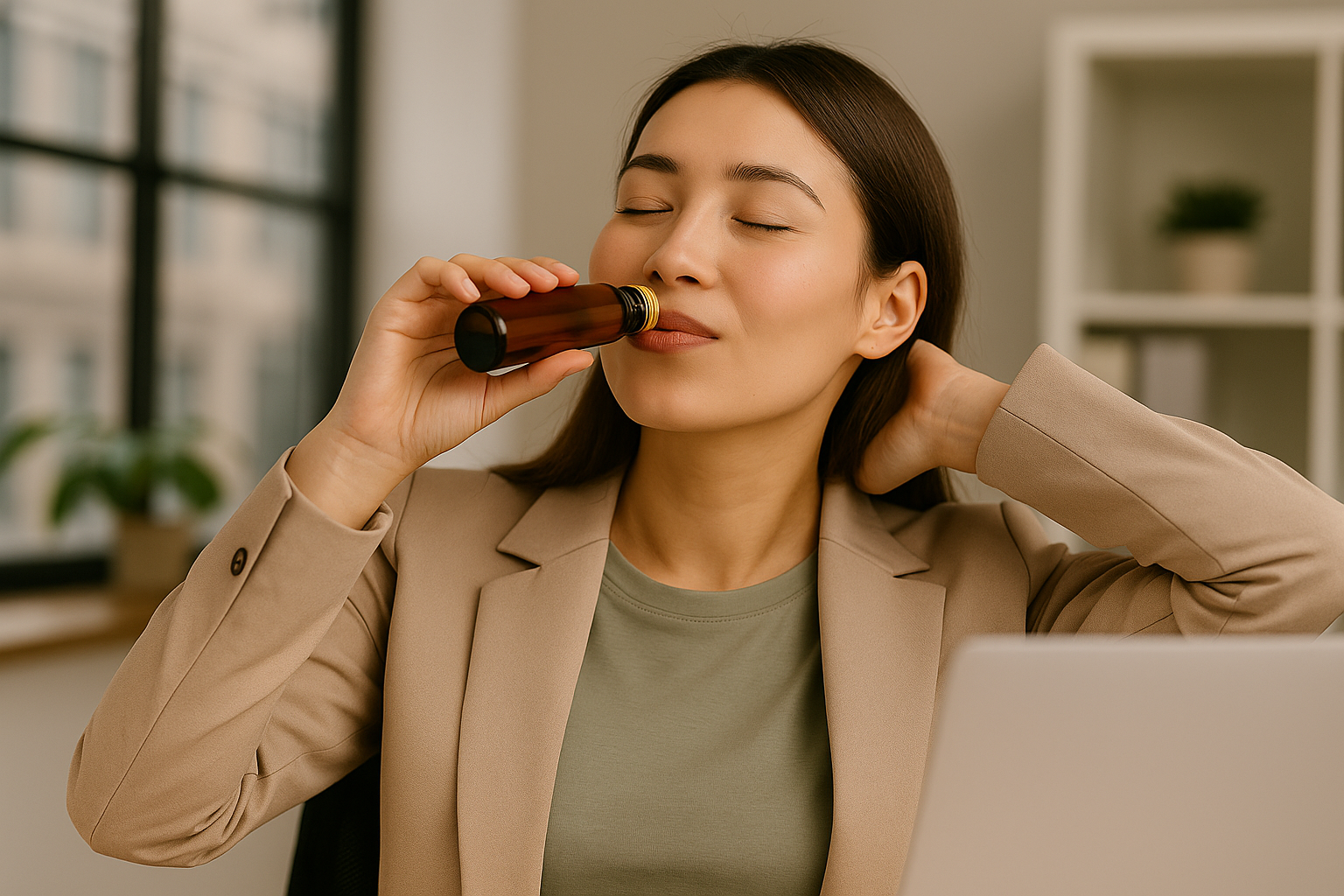 一位上班族女性在辦公室中閉眼放鬆,手中飲用棕色瓶裝機能飲,呈現在疲倦感與全身無力時透過健康補給恢復元氣的情境,主題為上班族疲倦感全身無力怎麼辦。