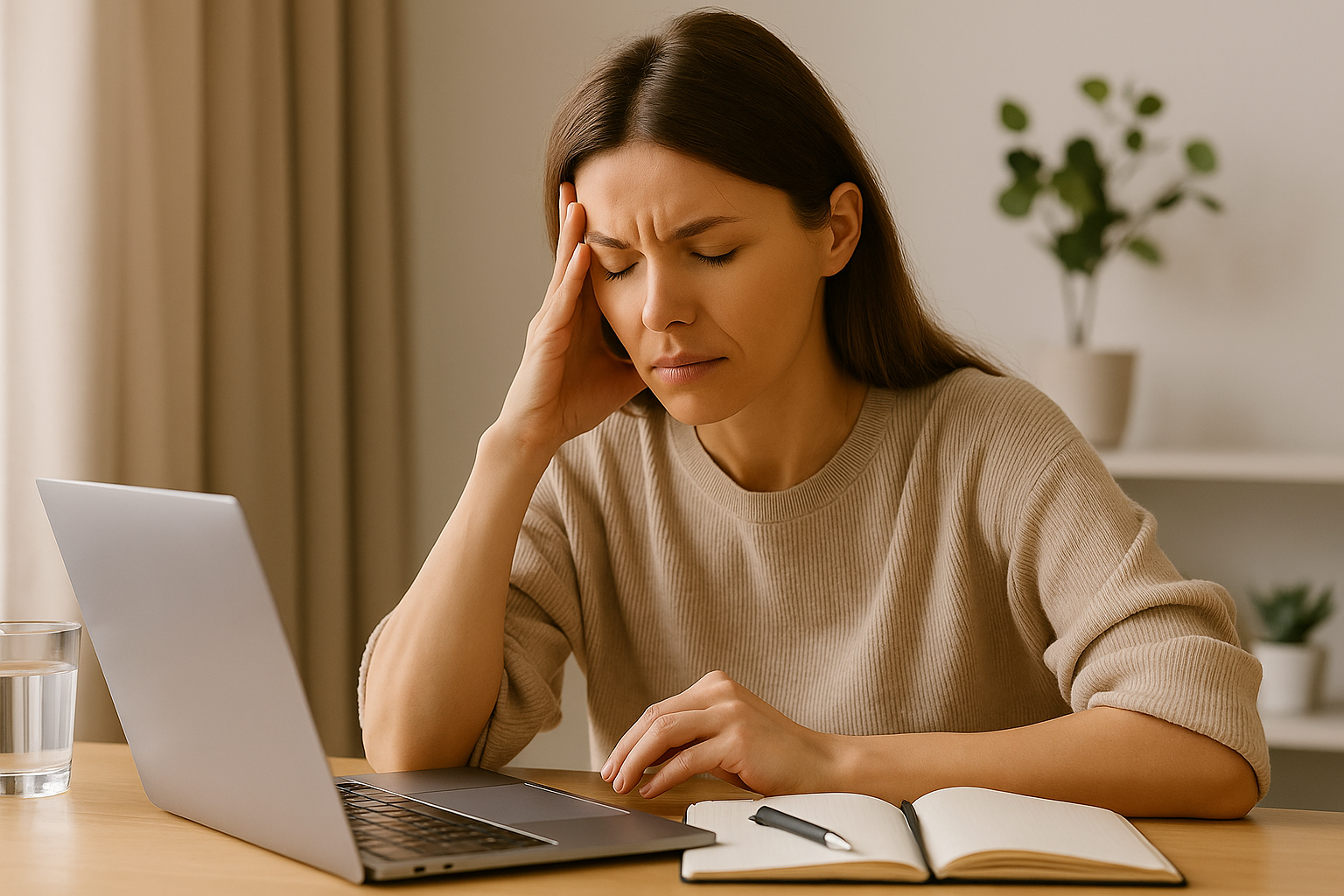 一位女性坐在桌前對著筆電,神情疲倦、以手撐頭,呈現長時間工作導致全身無力與注意力下降的狀態,呼應「疲倦感全身無力怎麼辦」的主題。